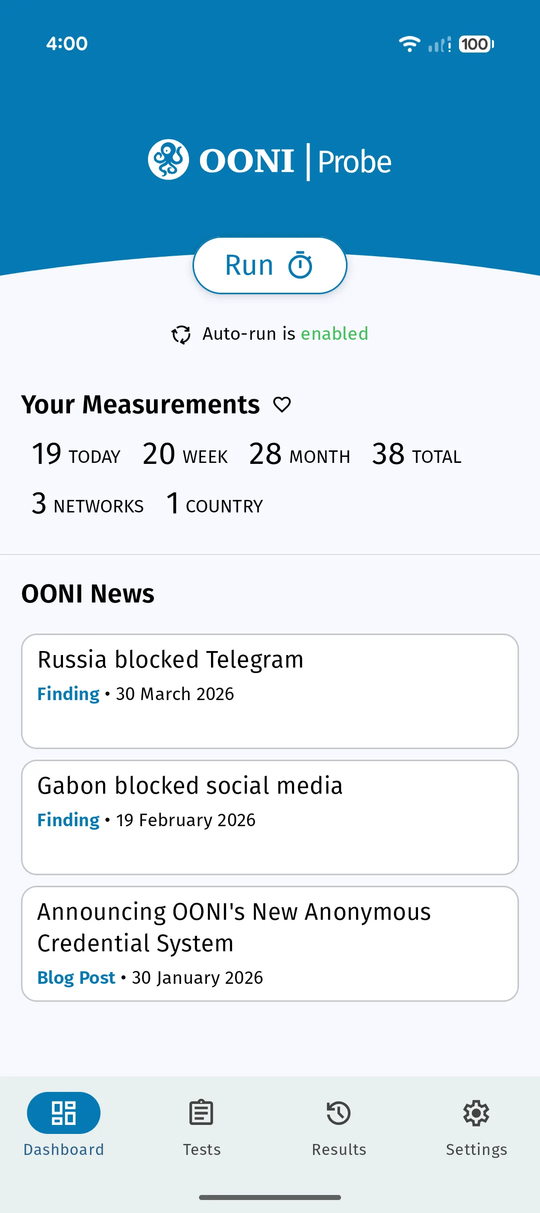 Tableau de bord avec exécution automatique, mesures récentes et actualités OONI (Android)