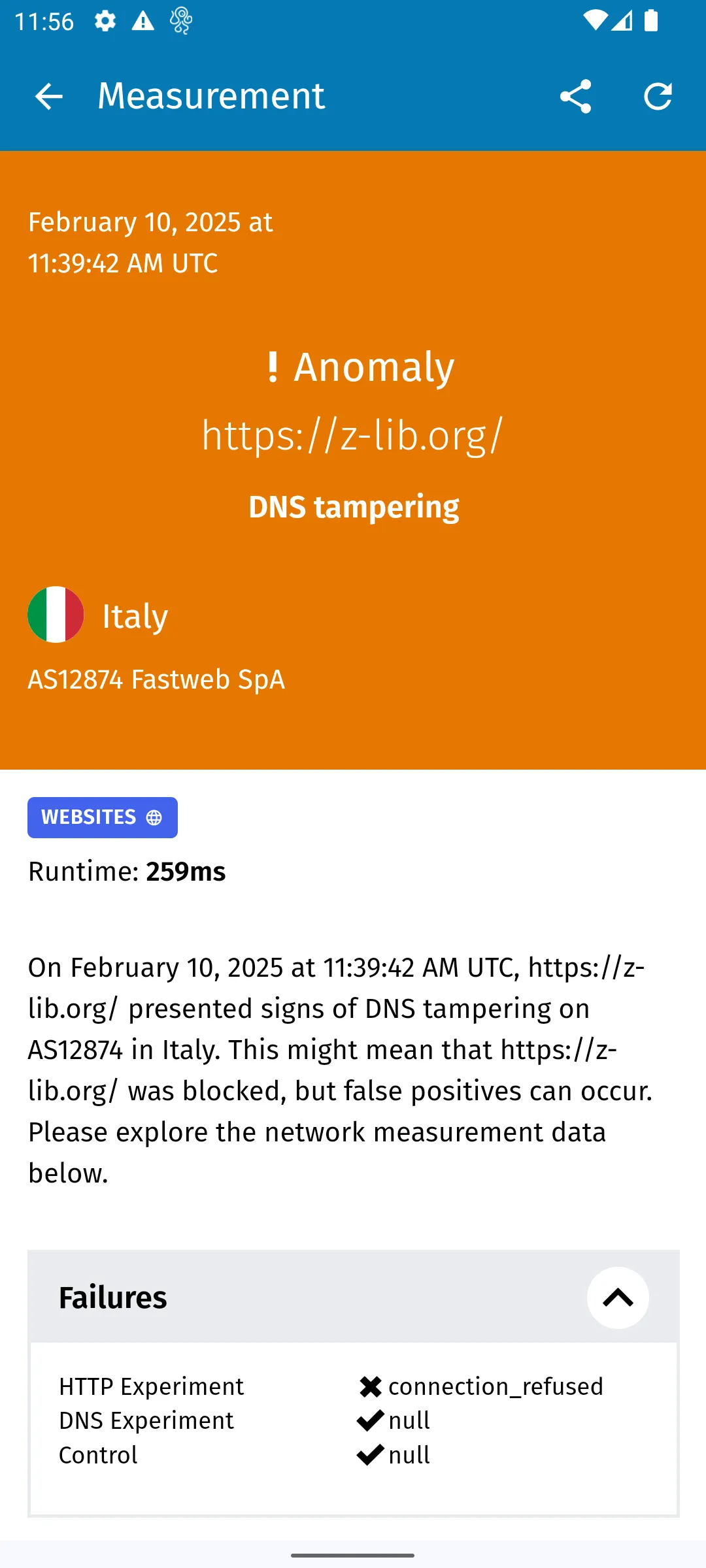 Détail de mesure — anomalie de manipulation DNS sur z-lib.org en Italie (Android)