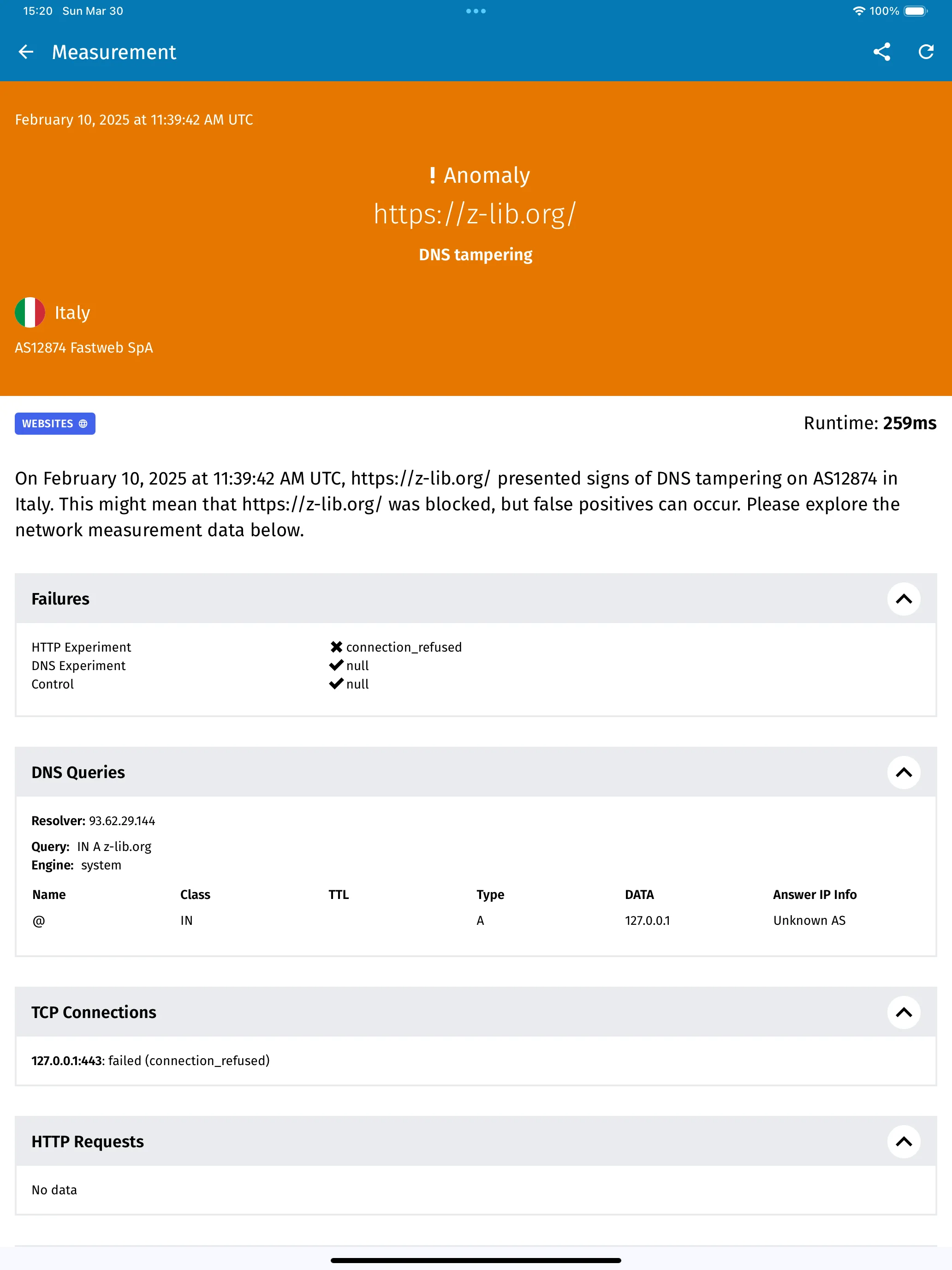 Détail de mesure avec décomposition DNS, TCP et HTTP (iPad)