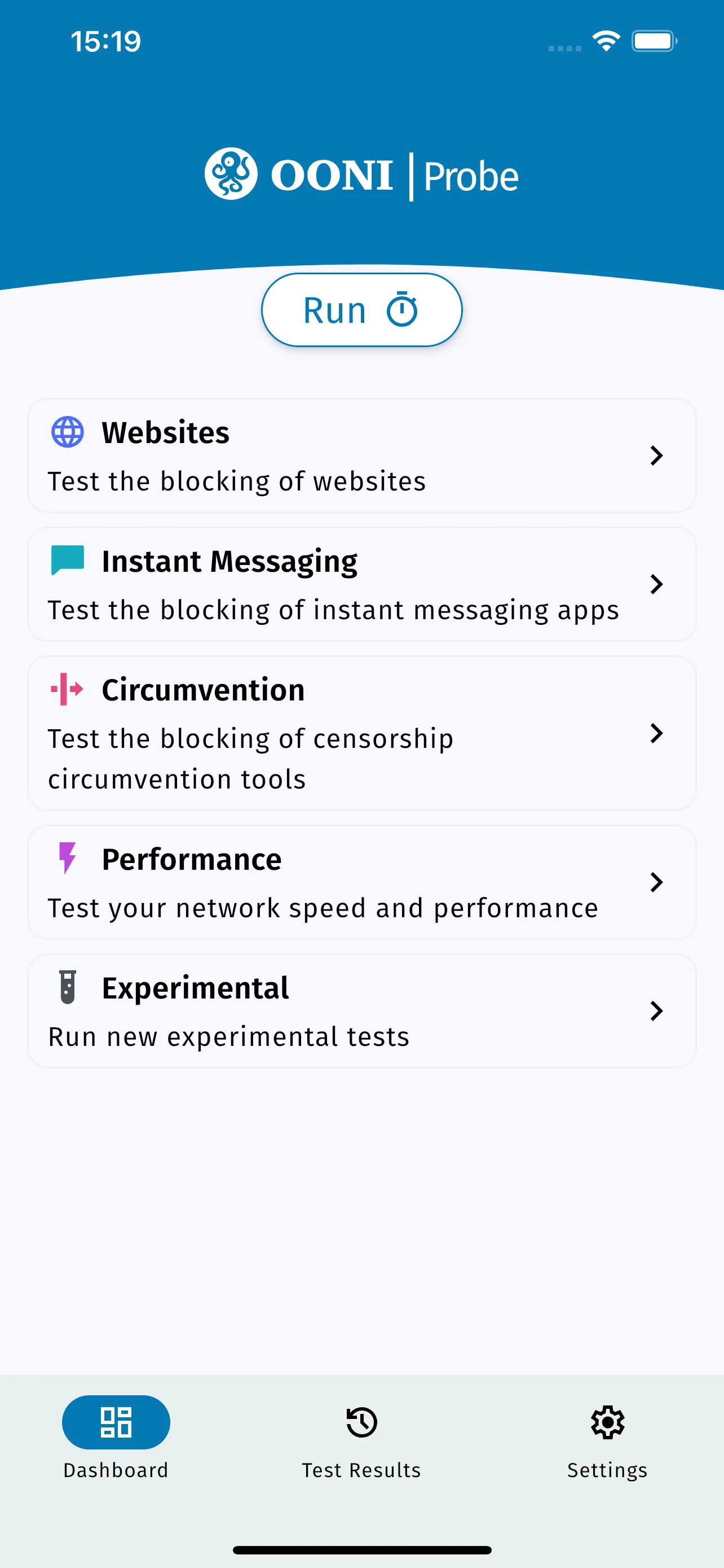 Catégories de tests — Sites web, Messagerie instantanée, Contournement, Performance, Expérimental (iPhone)