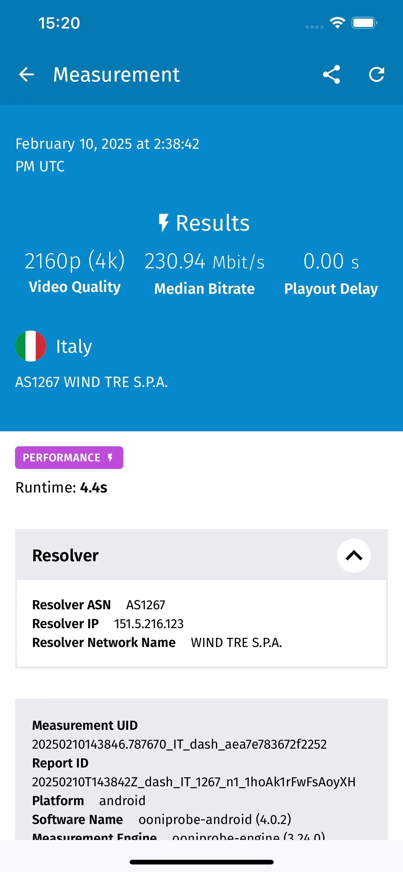 Mesure de performance — débit vidéo DASH 4K (iPhone)